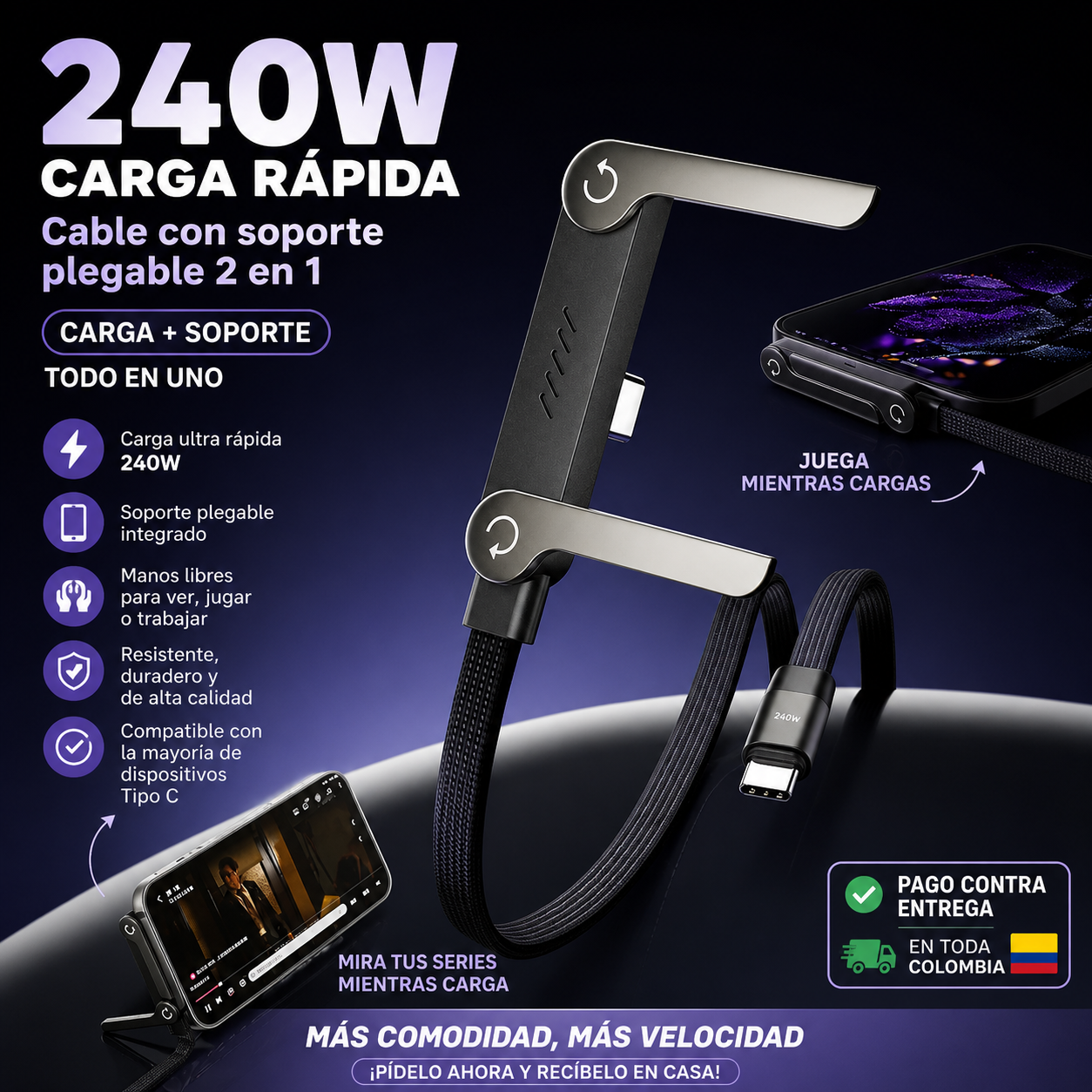 Cable 240W con Soporte Plegable 2 en 1 – Carga Rápida y Uso Manos Libres